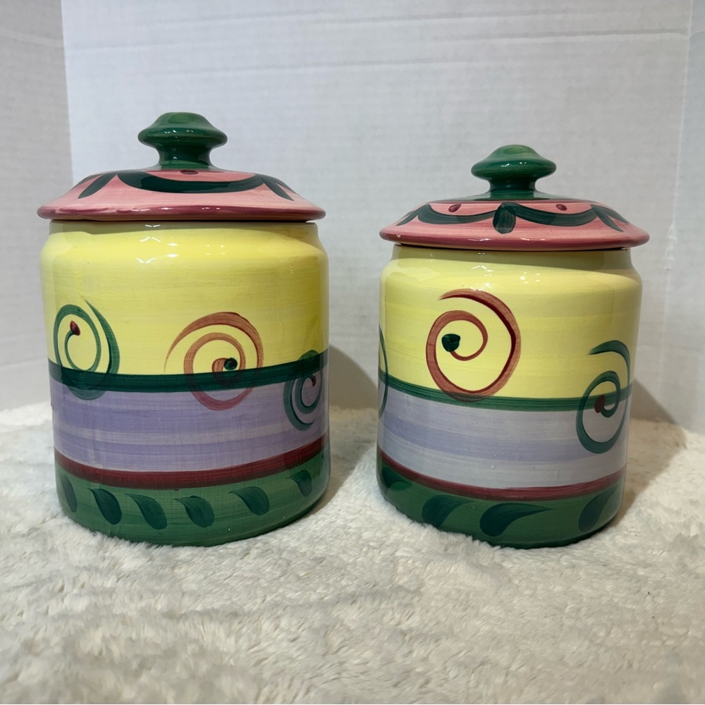 2~ Vintage Gail Pittman “Street Party” ceramic hand painted canisters
